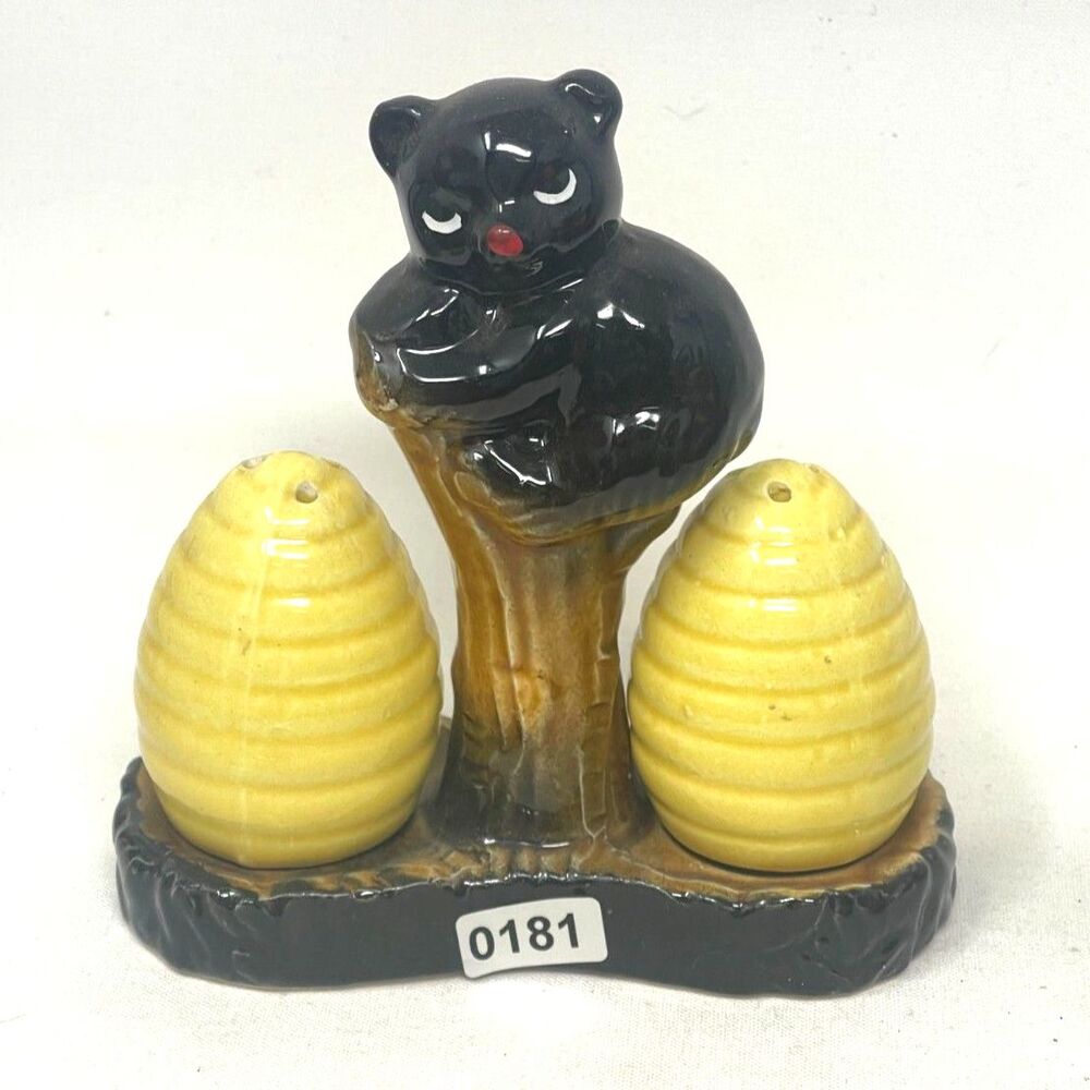 Black Bear & Honey Bee Hives Salt & Pepper Shakers Vintage Japan 1960s 3 Pc Set
